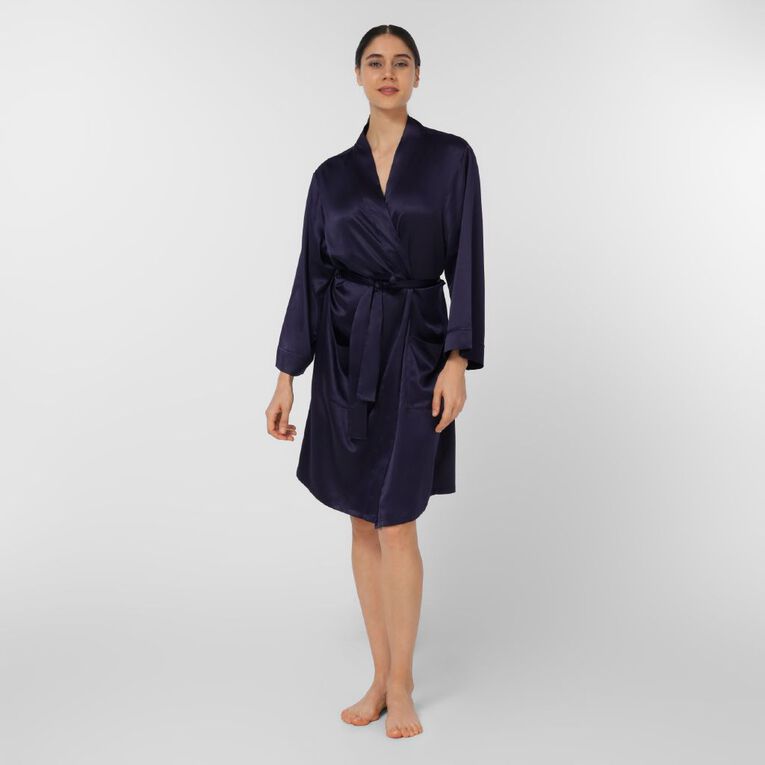H&H Women's Satin Robe, Blue Dark, hi-res
