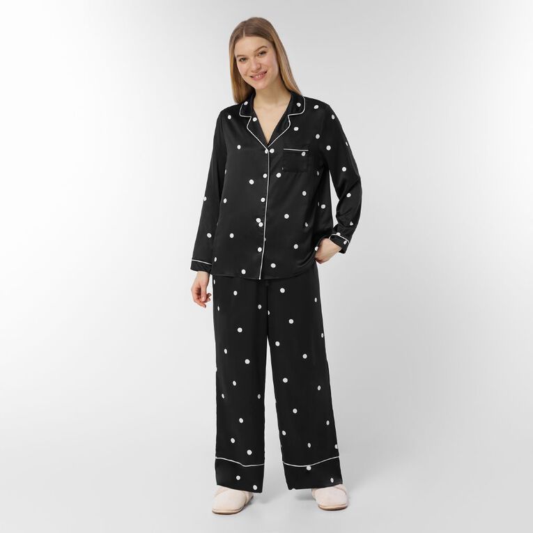 H&H Women's Satin Button Up Pyjama Set, Black, hi-res