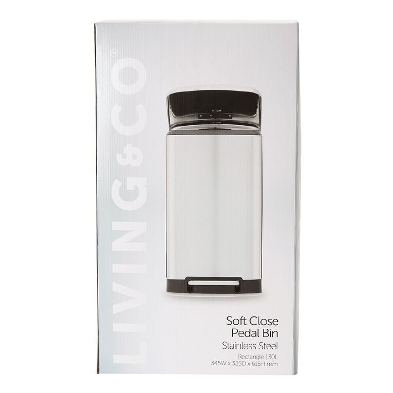 Living & Co Soft Close Pedal Bin Stainless Steel Rectangle Silver 30L, , hi-res