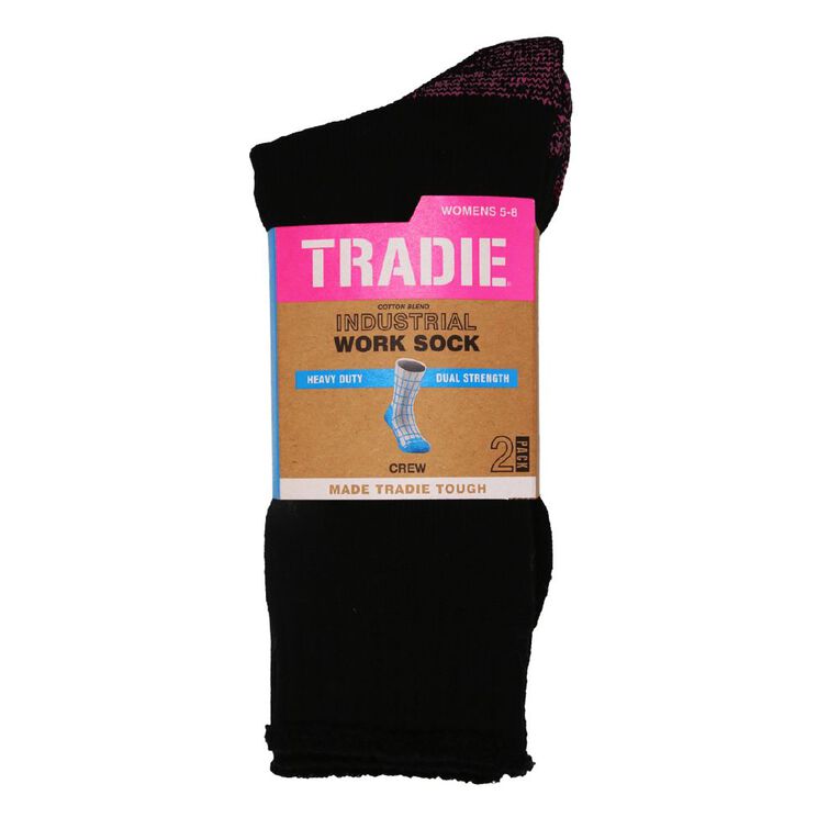 Tradie Women's Crew Socks 2 Pack, Black, hi-res