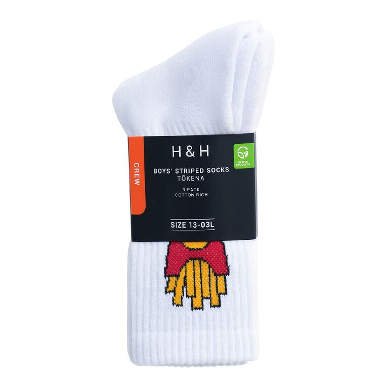H&H Boys' Mixed Sport Crew Socks 3 Pack, White/Black, hi-res