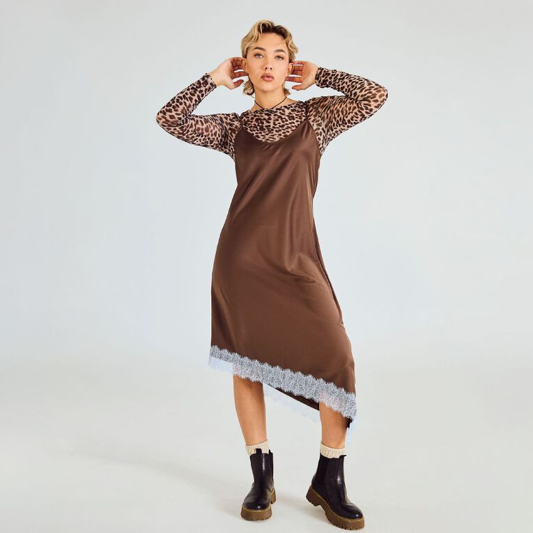 BRDRLESS Sarah Lace Trim Midi Dress, Brown Dark, hi-res
