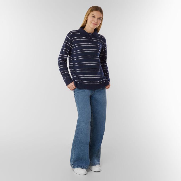 H&H Women's Relaxed Strike Button Polo Knit Jumper, Navy, hi-res