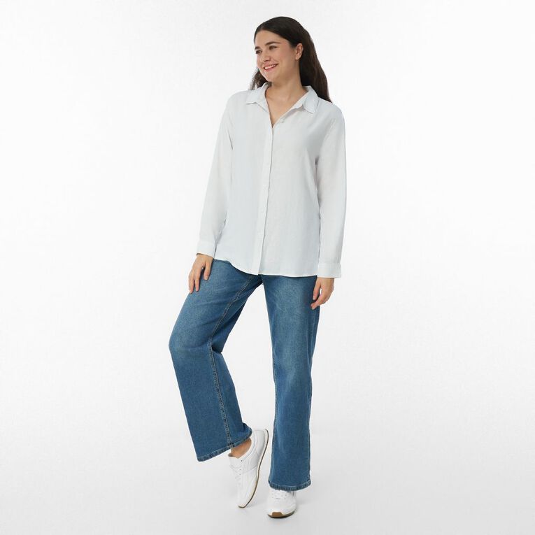 H&H Women's Long Sleeve Essential Linen Blend Shirt, White, hi-res