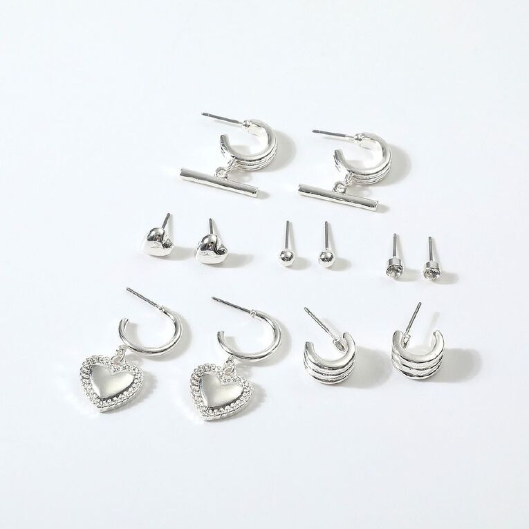 H&H TBar Hoop Earrings 6 Pairs Silver, , hi-res