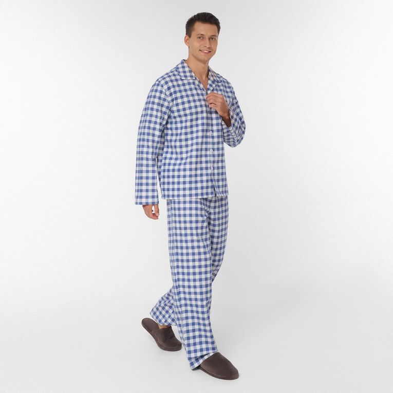 H&H Men's Button Up Flanelette Pyjama Set, Blue Mid, hi-res