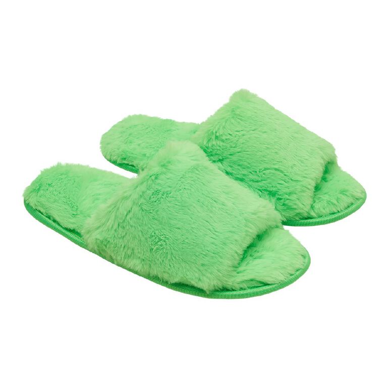 H&H Women's Fluffy Neon Strap Slippers, Green, hi-res