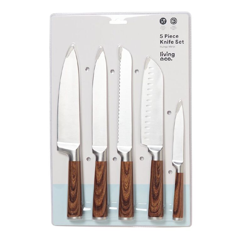 Living & Co Knife Set Wood Look Stainless Steel 5 Piece, , hi-res