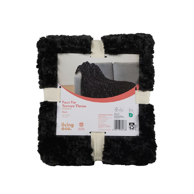 Living & Co Throw Faux Fur Texture Black 127cm x 152cm, , hi-res