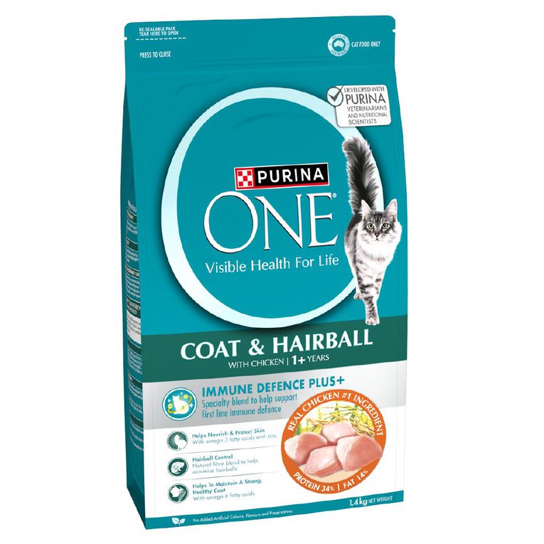PURINA ONE Adult Coat & Hairball Chicken Dry Cat Food Bag 1.4kg, , hi-res