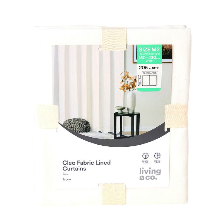 Living & Co Cleo Curtains Ivory 150-230cm Wide/205cm Drop, Ivory, hi-res