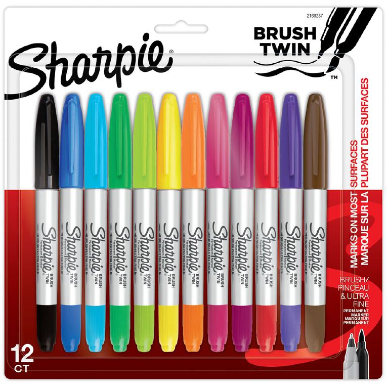 Sharpie Permanent Marker Brush Fine Twin Tip 12 Pack, , hi-res