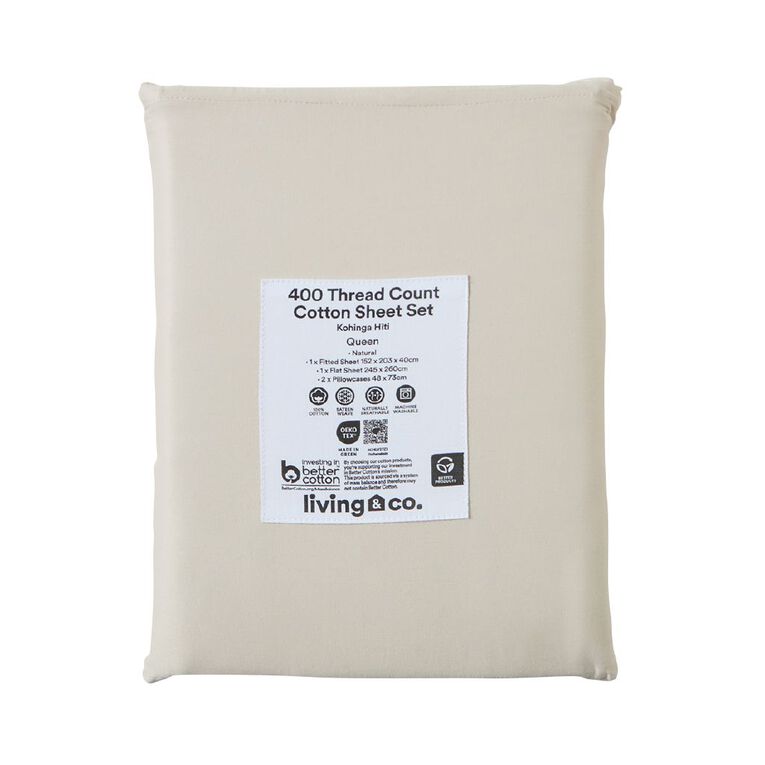 Living & Co 400TC Euro Cotton Sateen Sheet Natural King Single, Natural, hi-res