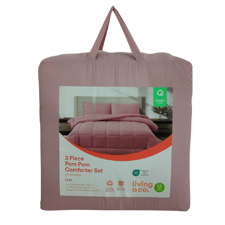 Living & Co 3 Piece Pom Pom Comforter Set Lilac King Single, Lilac, hi-res