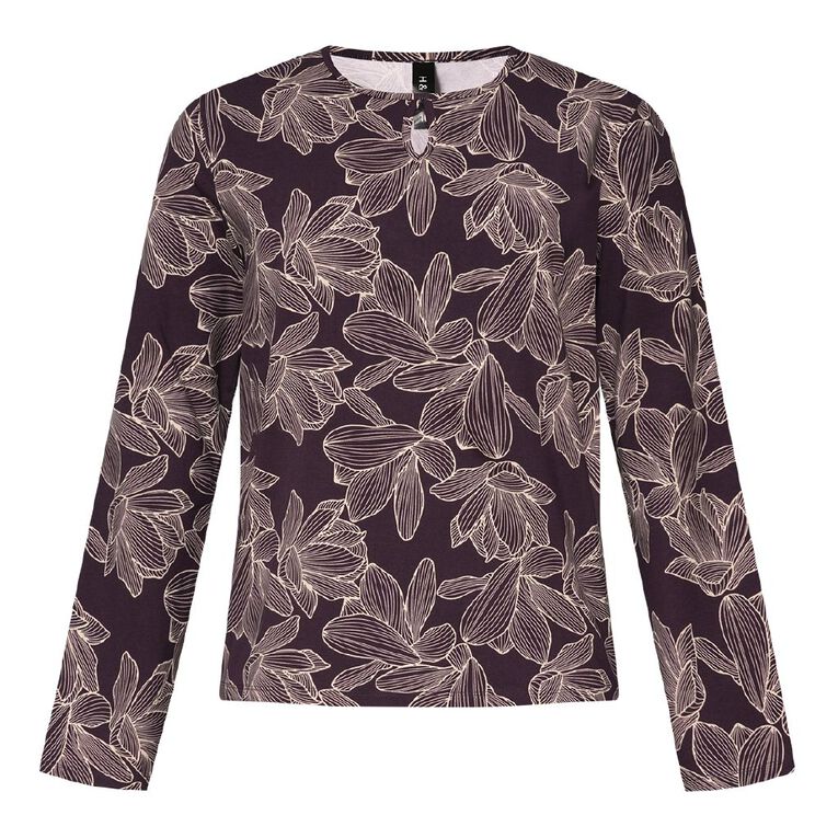 H&H Women's Long Sleeve Keyhole Print Top, Purple Dark, hi-res
