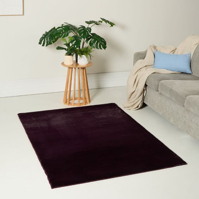 Living & Co Rug Faux Fur Plain Plum 120cm x 180cm, Plum, hi-res