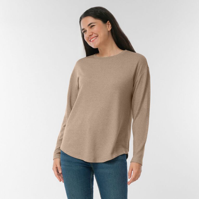 H&H Women's Brushed Fleece Drop Shoulder Top, Brown Mid, hi-res