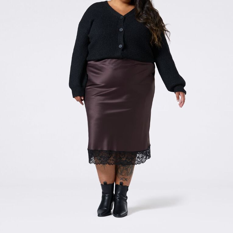 H&H Curve Women's Lace Trim Midi Skirt, Brown Dark, hi-res