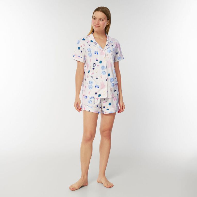 H&H Women's Comfy Button Up Short Sleeve Pyjama Set, Cream, hi-res