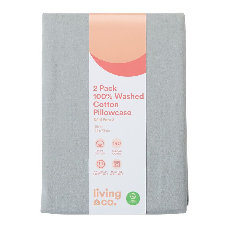 Living & Co 100% Washed Cotton 2 Pack Pillowcase Silver 48cm x 73cm, Silver, hi-res