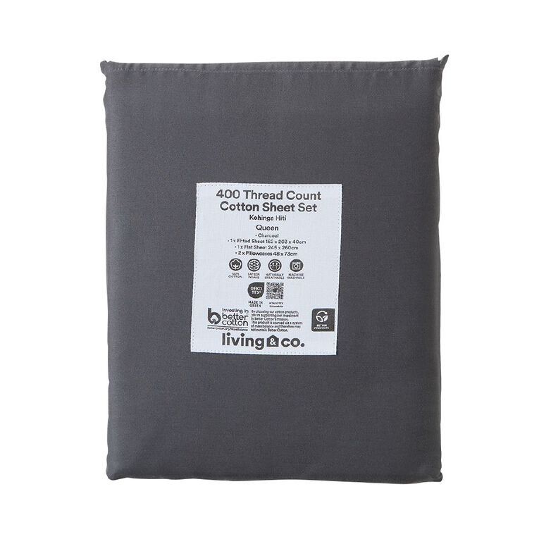 Living & Co 400TC Euro Cotton Sateen Sheet Charcoal Super King, Charcoal, hi-res