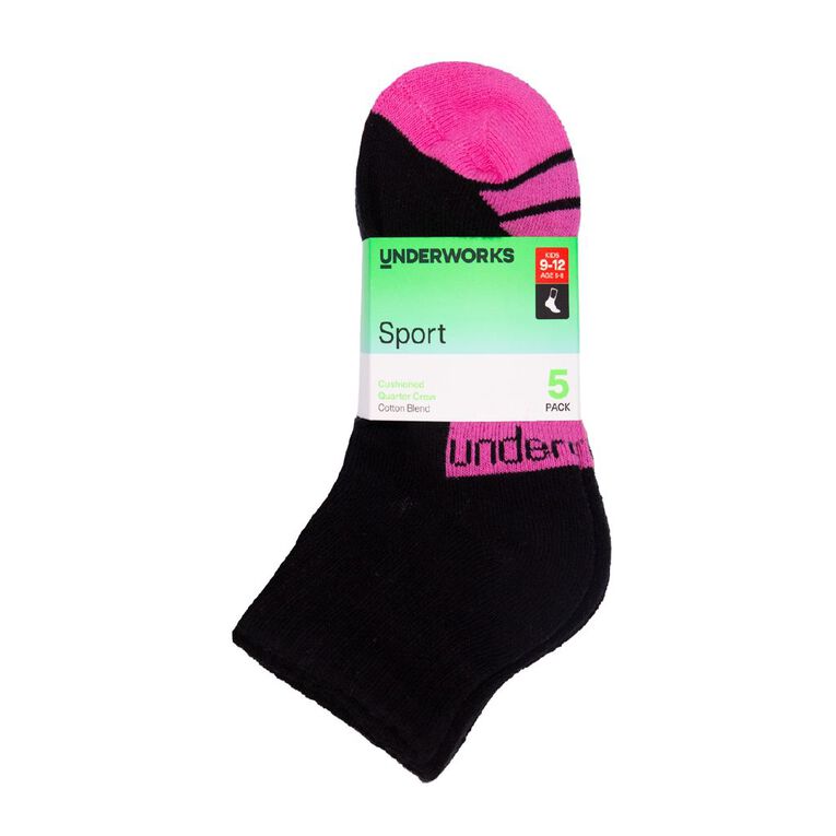Underworks Kids' Quarter Crew Sport Socks 5 Pack, GBlack1, hi-res