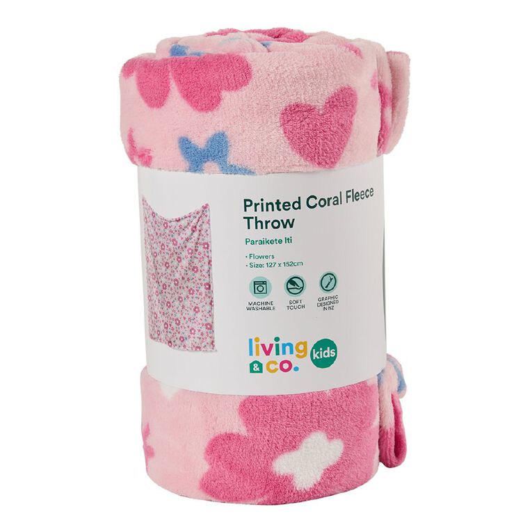 Living & Co Kids Coral Fleece Throw Flowers Pink, , hi-res