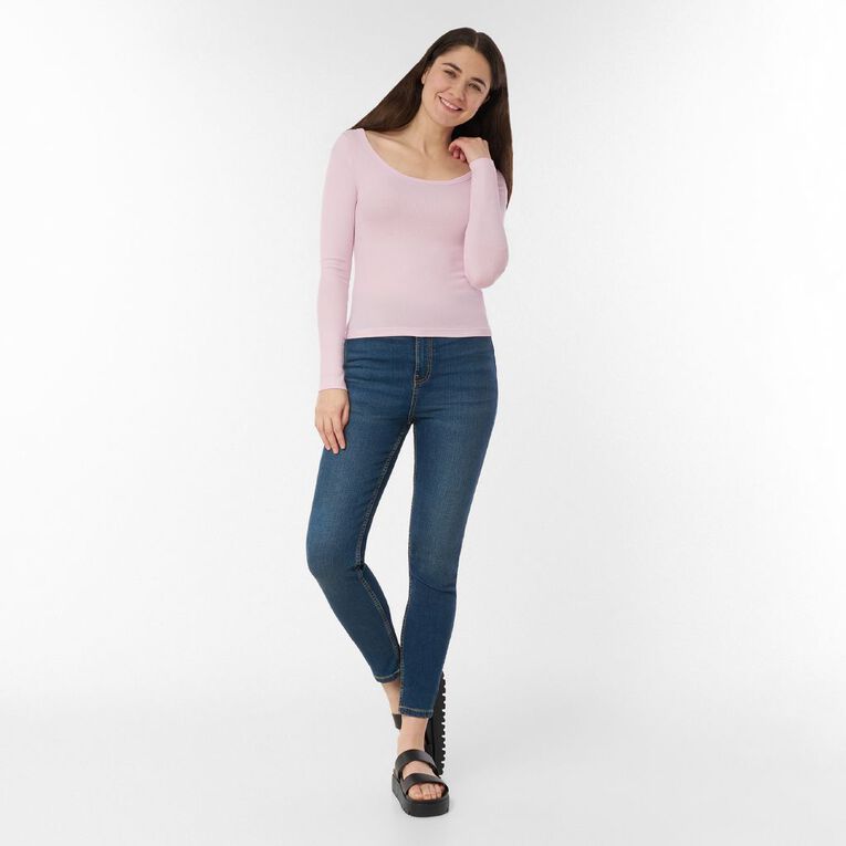 H&H Women's Long Sleeve Scoop Neck Rib Top, Pink Light, hi-res