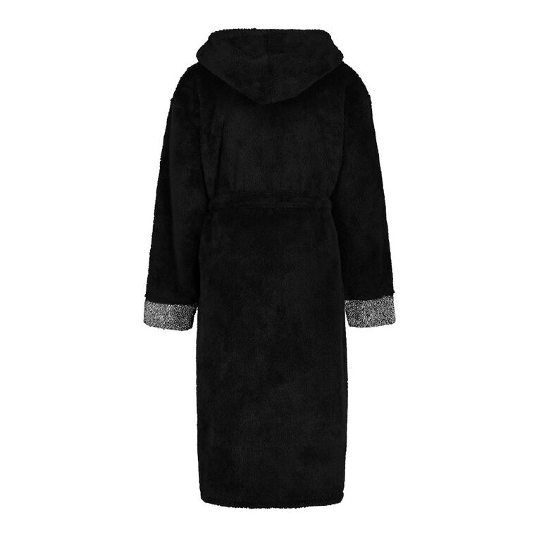 H&H Men's Shaggy Hooded Robe, Black, hi-res