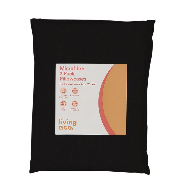 Living & Co Pillowcase Standard Microfibre 2 Piece Black 48cm x 73cm, Black, hi-res