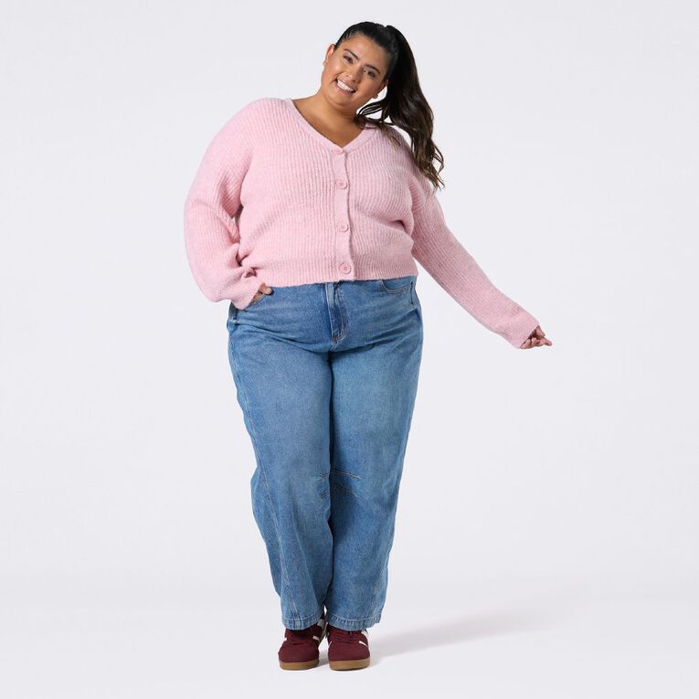 H&H Curve Women's Fluffy V Neck Cardi, Pink Light, hi-res