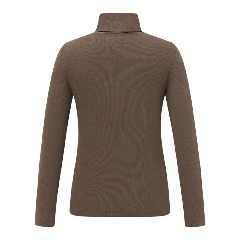 H&H Women's Long Sleeve Classic Rib Skivvy, Brown Mid, hi-res