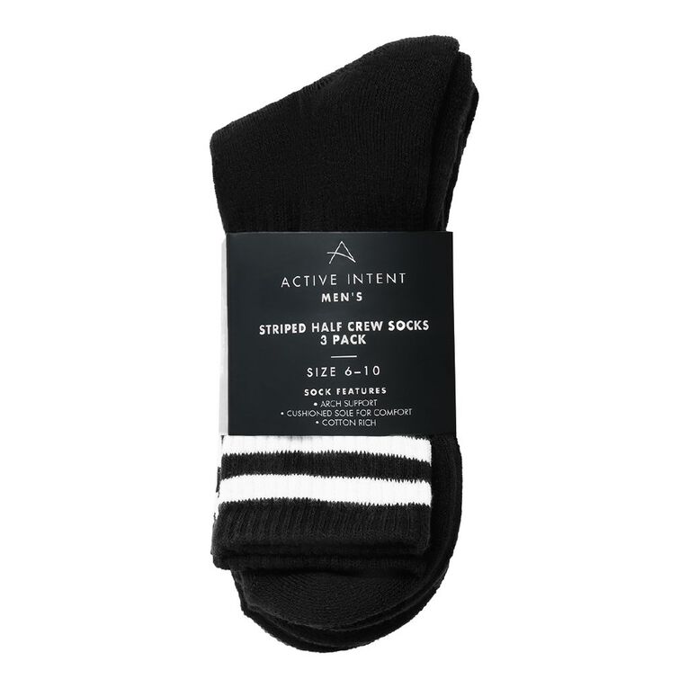 Active Intent Men's Striped Half Crew Socks 3 Pack, Black, hi-res
