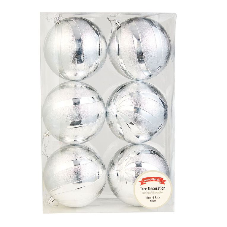 Wonderland Christmas Baubles 12cm Silver 6 Pack, , hi-res