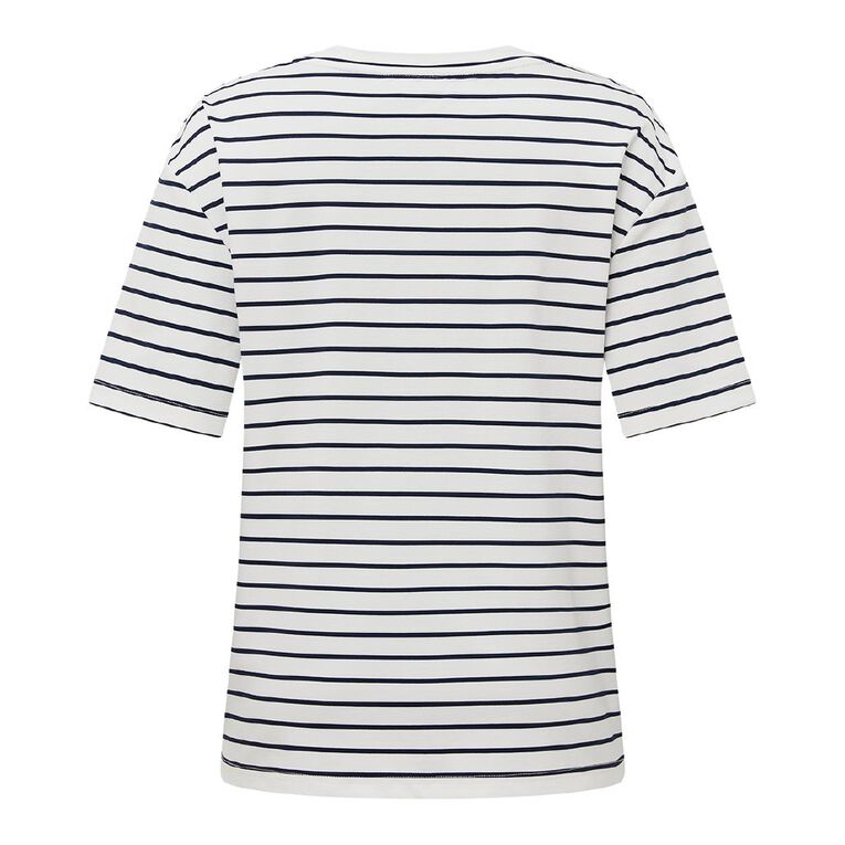 H&H Women's Short Sleeve Boxy Stripe Tee, White/Navy, hi-res