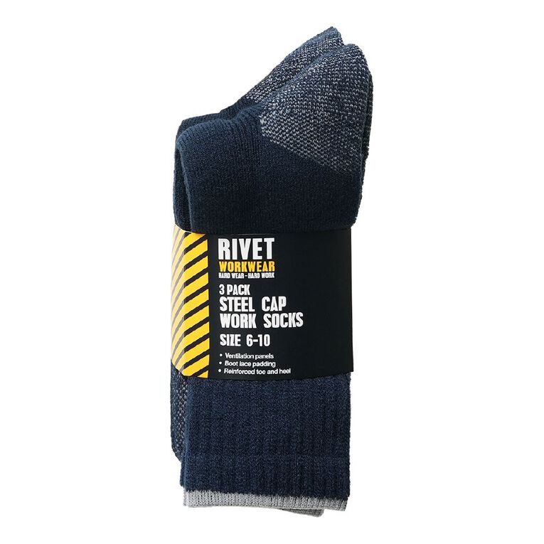Rivet Men's Steelcap Work Socks 3 Pack, Navy, hi-res