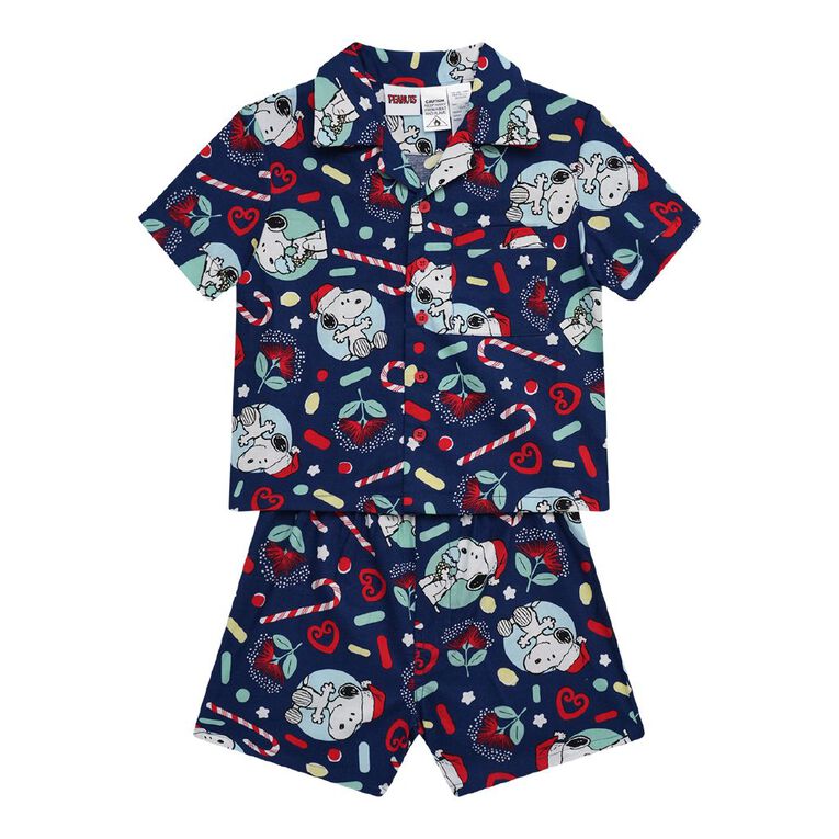 Peanuts Boys' Christmas Button Up Woven Pyjama Set, Blue Dark, hi-res