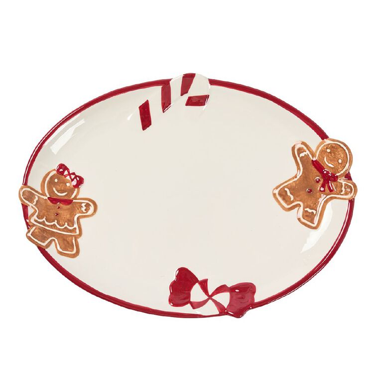 Wonderland Home Candy Cane Gingerbread Man Oval Platter Red/White 35cm, , hi-res