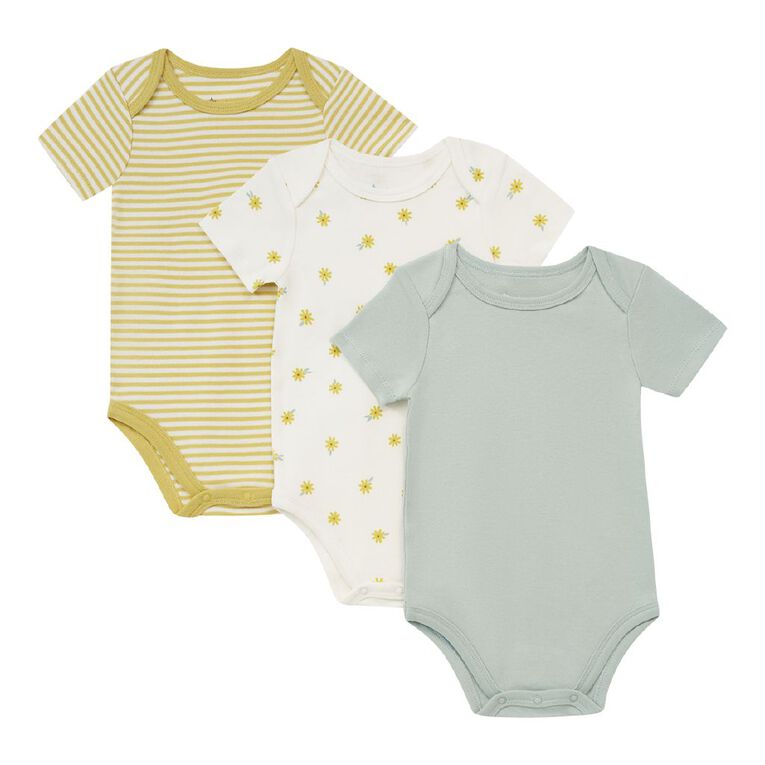 Young Original Babies' Short Sleeve Printed Bodysuit 3 Pack, Cream, hi-res