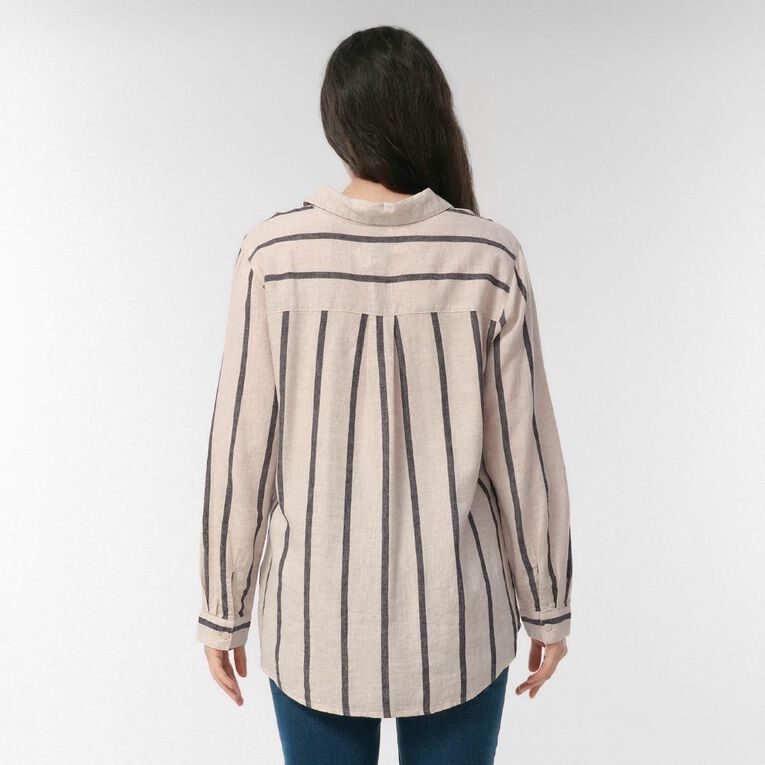 H&H Women's Long Sleeve Essential Linen Blend Stripe Shirt, , hi-res