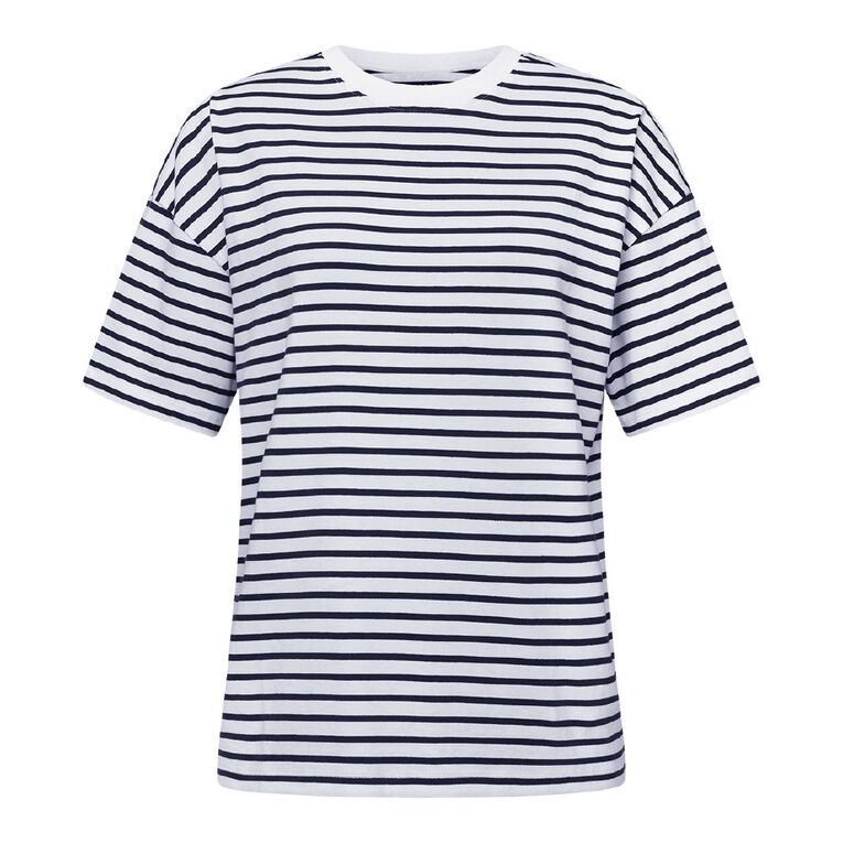 H&H Women's Oversized Boyfriend Stripe Tee, Navy/White, hi-res