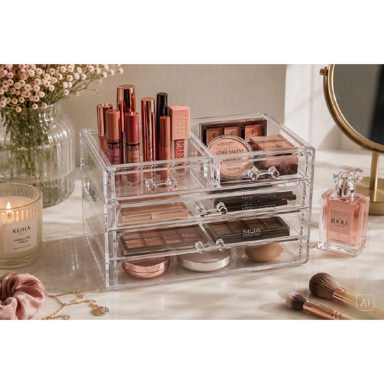 Living & Co Makeup Organiser 4 Drawer Clear, , hi-res