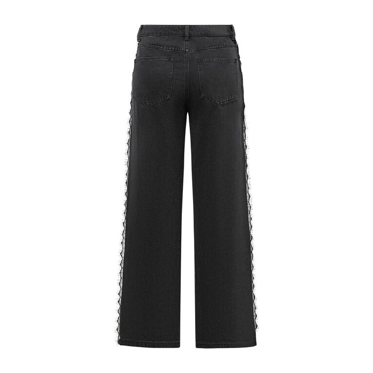 H&H Women's High Rise Wide Leg Lace Trim Jeans, Black, hi-res