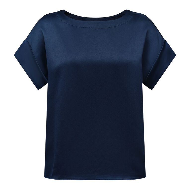 H&H Women's Short Sleeve Satin Shell Top, Navy, hi-res