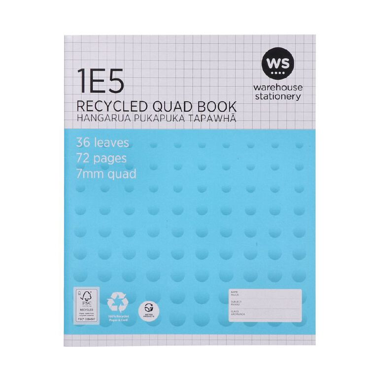 WS Exercise Book 1E5 7mm Quad 36 Leaf Blue, , hi-res