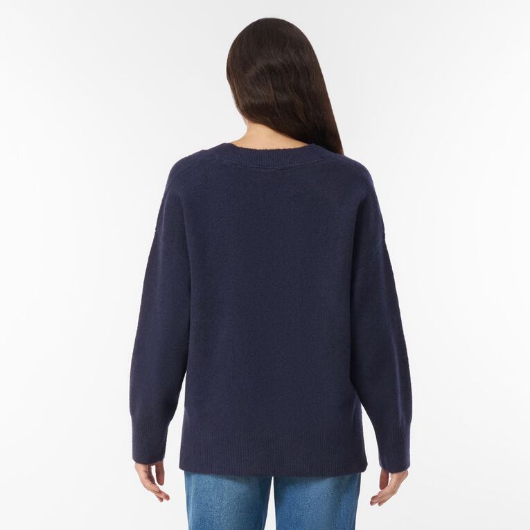 H&H Women's Relaxed V Neck Jumper, Blue Mid, hi-res