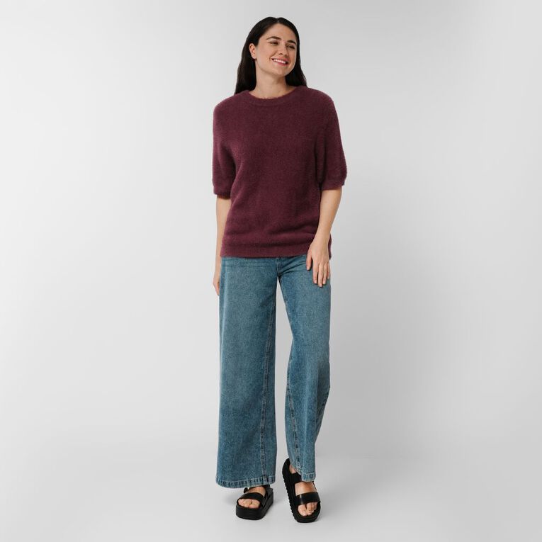 H&H Women's Short Sleeve Fluffy Knit Jumper, Red Dark, hi-res