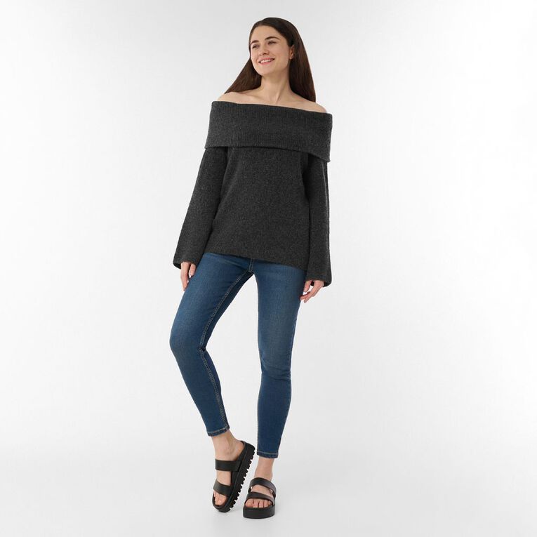 H&H Women's Long Sleeve Off Shoulder Knit Jumper, Charcoal/Marle, hi-res