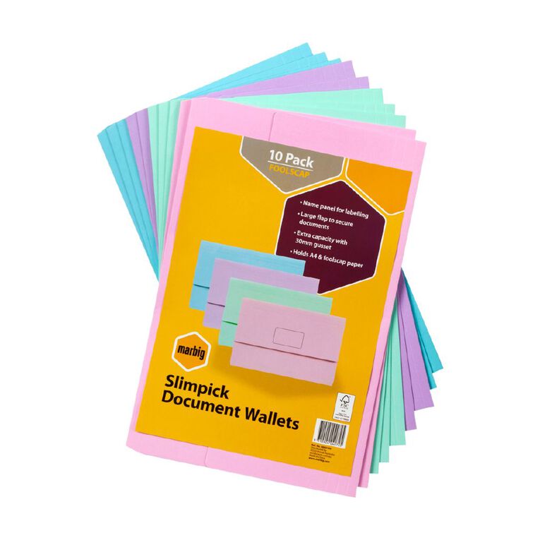 Marbig Slimpick Foolscap Document Wallet Pastels 10 Pack, , hi-res