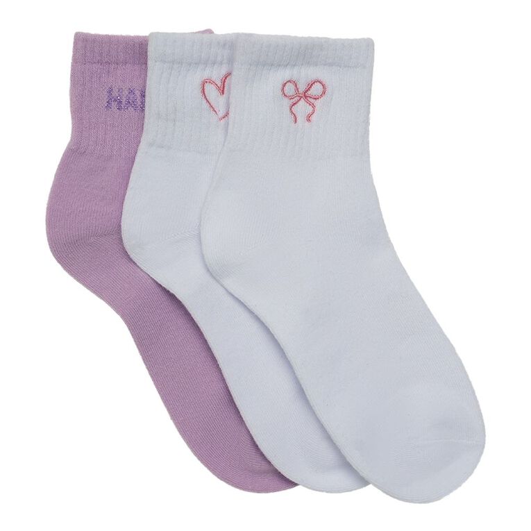 H&H Girls' Graphic Quarter Crew Socks 3 Pack, White, hi-res